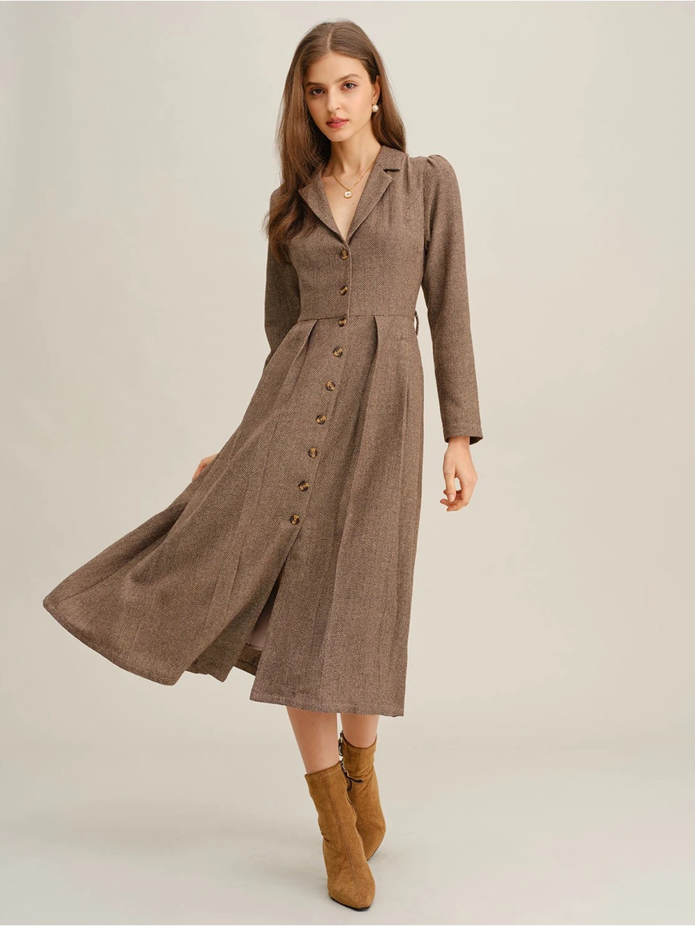 New Rihoas Brown A-Line Pleated Midi Dress Size Medium $65